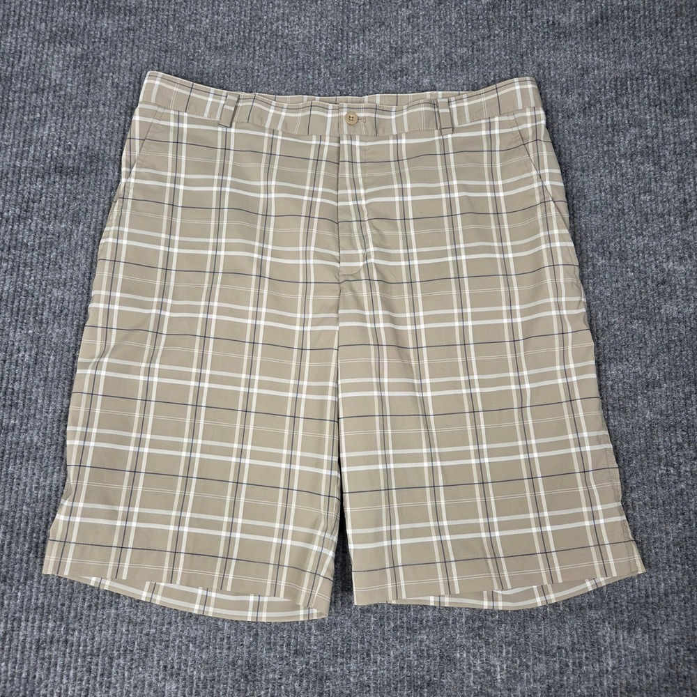 Nike‎ Golf Dri-FIT Mens Tan Plaid Shorts Size 36 Flat Front Performance Stretch